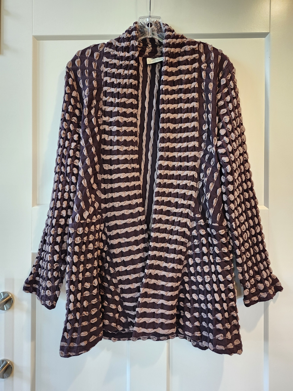 Open-Front Waffle Brown & Cream Patterned Women's Cardigan Sweater Size M